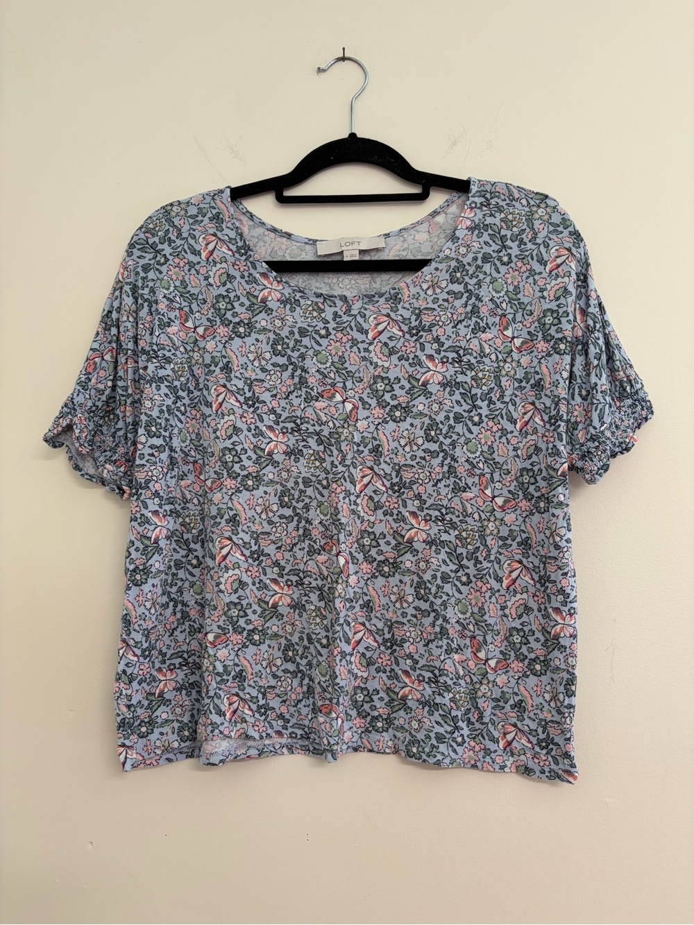 LOFT Blue Floral Short Sleeve Tee with Pink Accents